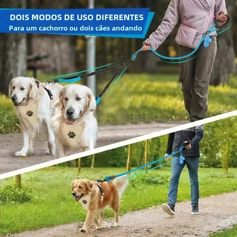 Guia Dupla Reflexiva com Giro 360° e Alças de Trânsito – Para Passeios com Um ou Dois Cães.