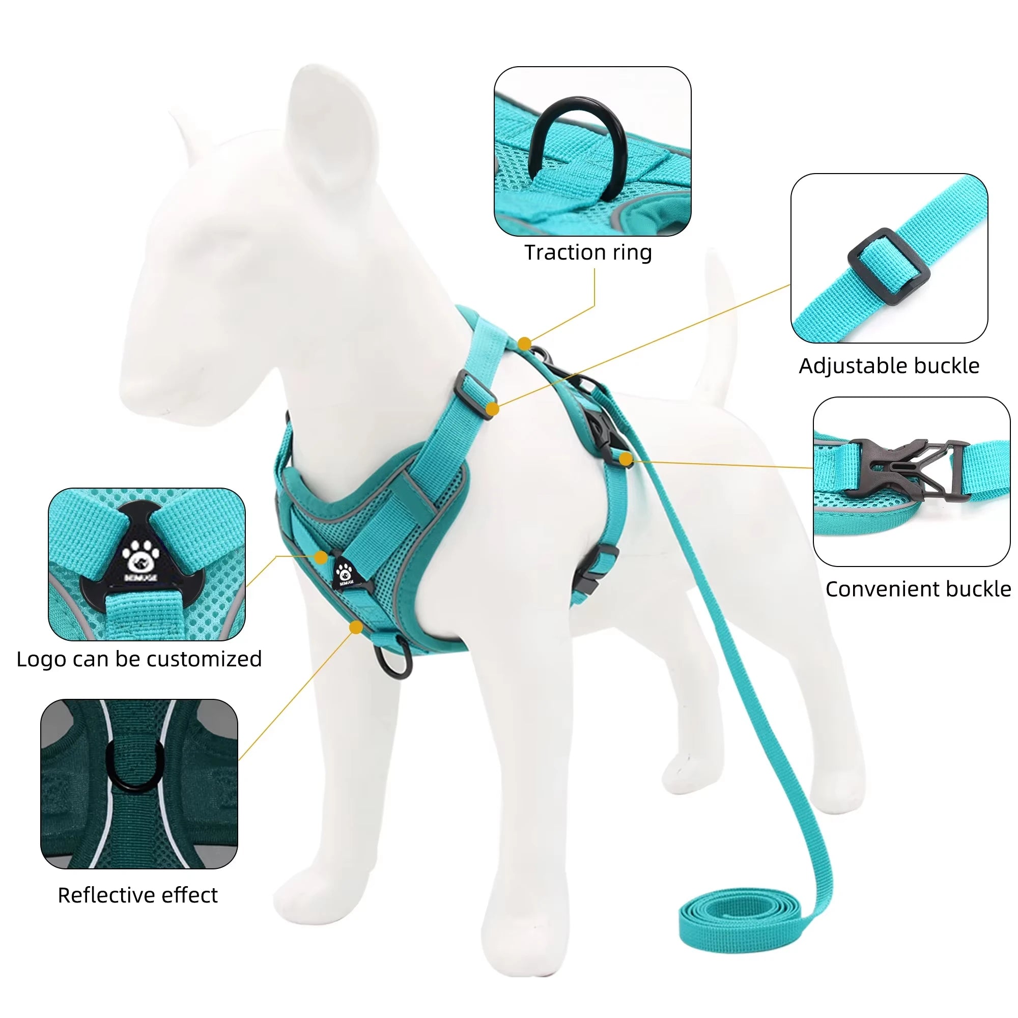 Conjunto de Arnês e Coleira para Pets - Refletivo para passeios noturnos
