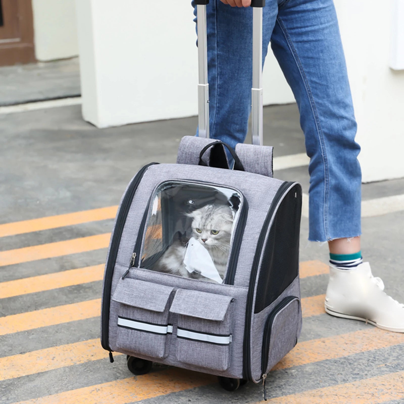 Maleta/Mochila Portátil de Carrinho Transparente para Transporte de Gatos e Cães